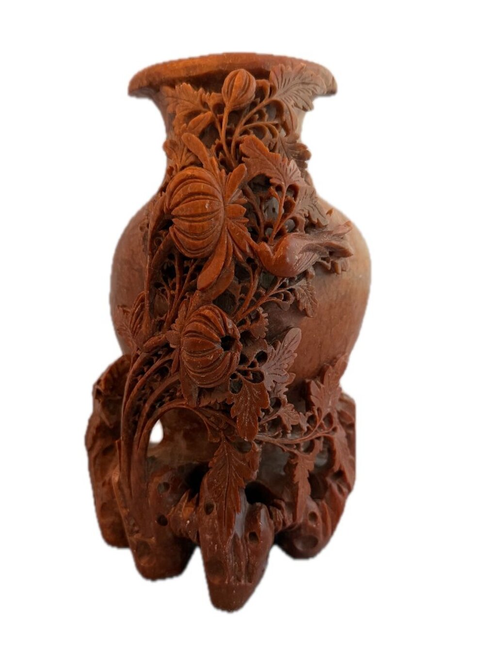 Vintage Rust Brown Vintage Hand Carved Soapstone Vase Pierced Chrysanthemum Bird